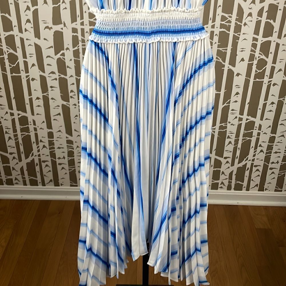 Nine West blue white accordion pleated shark bite hem high neck midi dress NEW - Picture 7 of 16